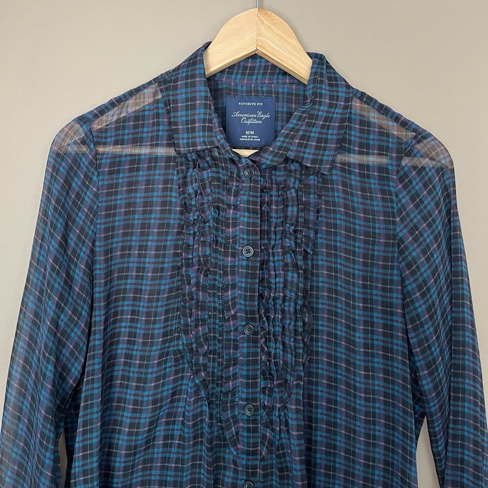 {American Eagle} Plaid Semi-Sheer Button Down Shirt with Ruffle Trim - Medium - Picture 2 of 9